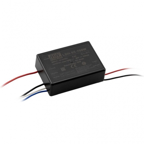 Источник питания DC-DC драйвер светодиодов, 64.75Вт, вход 9.5…32В DC, выход 700мА/12.5…37В, регулировка яркости свечения, пластиковый герметичный корпус, 52.4x27.2x24мм, проволочные выводы, -40…+70С | код LDH-65-700W | MeanWell Источник питания DC-DC драйвер светодиодов, 64.75Вт, вход 9.5…32В DC, выход 700мА/12.5…37В, регулировка яркости свечения, пластиковый герметичный корпус, 52.4x27.2x24мм, проволочные выводы, -40…+70С | код LDH-65-700W | MeanWell