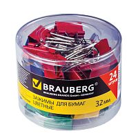 Зажимы для бумаг BRAUBERG, КОМПЛЕКТ 24 шт., 32 мм, на 140 листов, цветные, в пластиковом цилиндре, 221129 | код 221129 | BRAUBERG