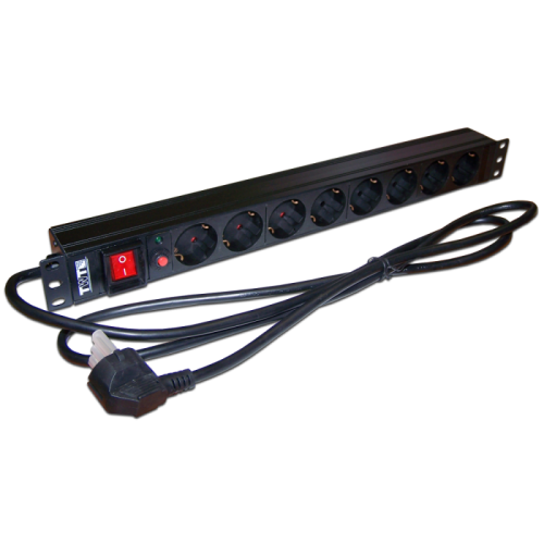Блок розеток 19, 1-фазный с выключателем, 16A / 250V, 8xSchuko, шнур 1.8 м, вилка Schuko | код TWT-PDU19-16A8P-1.8 | TWT