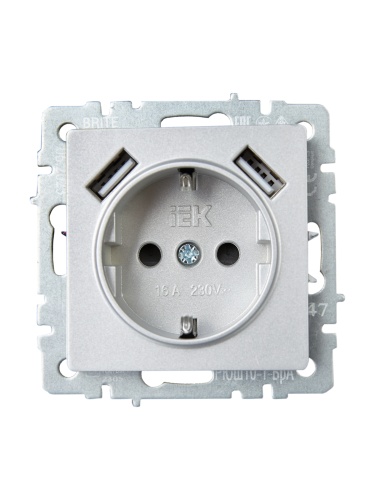 Розетка BRITE РЮш10-1-БрА 16А с USB A+A 2.1А с заземл. защ. шторки алюм. | код. BR-R14-16-U21-D21-K47 | IEK фото 3
