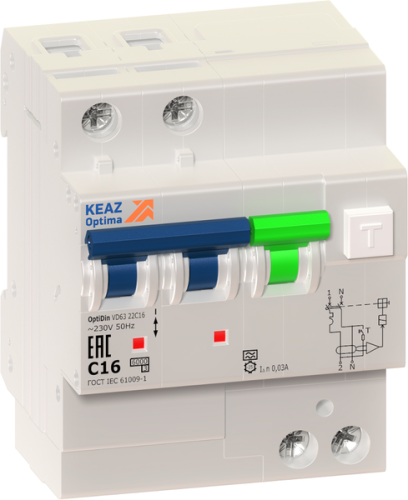 АВДТ с защитой от сверхтоков OptiDin VD63-22C25-A-ОМ4-РЕГ (2P, C25, 30mA) 10кА | код 361296 | КЭАЗ АВДТ с защитой от сверхтоков OptiDin VD63-22C25-A-ОМ4-РЕГ (2P, C25, 30mA) 10кА | код 361296 | КЭАЗ