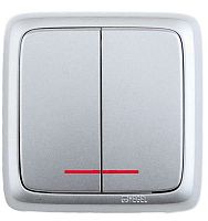 Выключатель двухклавишный наружный с изоляционной пластиной с индикацией серебро 16А | код ВА16-154-06 | HEGEL