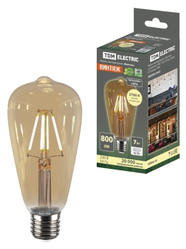 Лампа светодиодная «Винтаж» золотистая ST64, 7 Вт, 230 В, 2700 К, E27 (конус) TDM | код SQ0340-0343 | TDM Лампа светодиодная «Винтаж» золотистая ST64, 7 Вт, 230 В, 2700 К, E27 (конус) TDM | код SQ0340-0343 | TDM
