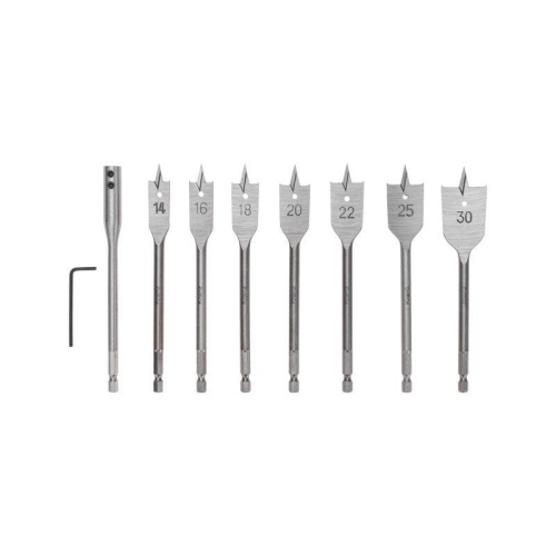 Набор сверл перовых по дереву 9 предметов: 14-16-18-20-22-25-30х152мм удлинитель ключ угловой | код. KR-91-0762 | Kranz Набор сверл перовых по дереву 9 предметов: 14-16-18-20-22-25-30х152мм удлинитель ключ угловой | код. KR-91-0762 | Kranz