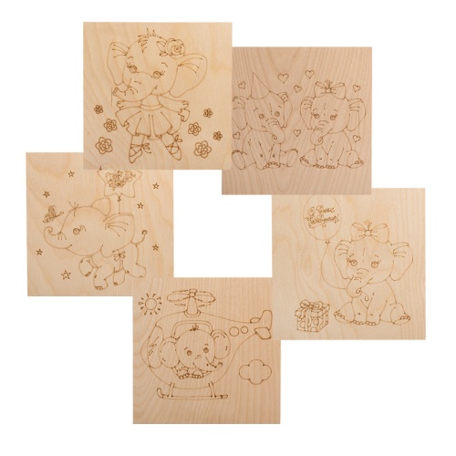 Доски для выжигания REXANT, Слонята , 150х150 мм, 5 шт., пакет | код 12-0932 | REXANT Доски для выжигания REXANT, Слонята , 150х150 мм, 5 шт., пакет | код 12-0932 | REXANT