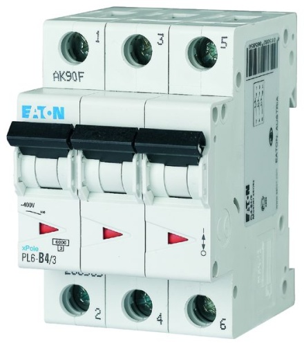 Автоматический выключатель 4А, кривая отключения С, 3 полюса, откл. способность 6 кА, PL6-C4/3 | код 286597 | EATON Автоматический выключатель 4А, кривая отключения С, 3 полюса, откл. способность 6 кА, PL6-C4/3 | код 286597 | EATON