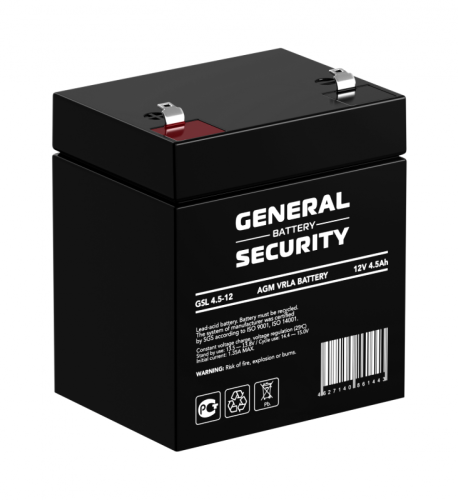 GSL4.5-12 Аккумуляторная батарея систем охраны и пожарной безопасности, напряжение: 12В, ёмкость: 4,5Ач, клеммы типа: F1, Размеры ДШВ: 90х70х107мм, вес: 1,6кг. Срок службы: до 8 лет. | код GSL4.5-12 | GENERAL SECURITY